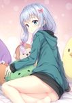  :o ass bangs barefoot blue_eyes blush bow commentary_request eromanga_sensei eyebrows_visible_through_hair gradient_hair hair_bow highres izumi_sagiri jacket long_hair looking_at_viewer multicolored_hair parted_lips pink_bow revision silver_hair sitting solo stuffed_animal stuffed_duck stuffed_octopus stuffed_toy thighs tomifumi yokozuwari 