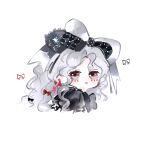  1girl :o argyle_bow black_bow black_bowtie black_dress bow bow_earrings bowtie brown_eyes chibi chinese_commentary commentary_request crimson_rhapsody_(infinity_nikki) cropped_torso curious dress earrings eyelashes facepaint fengmi_youzi_hua frilled_sleeves frills grey_bow grey_hair hair_between_eyes hair_bow highres hime_lolita infinity_nikki jewelry lace-trimmed_bow lace_trim large_bow light_blush lolita_fashion long_hair multiple_hair_bows nikki_(series) official_alternate_color open_mouth parted_bangs puffy_short_sleeves puffy_sleeves red_bow short_sleeves simple_background solo two-tone_bow very_long_hair wavy_hair white_background 