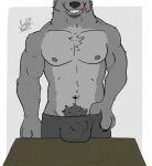 alternate_version_at_source anthro belly_hair belly_tuft biceps big_bulge big_muscles biped bodily_fluids body_hair boxer_briefs boxer_briefs_only boxers_(clothing) broad_shoulders bulge chest_tuft clothed clothing cocky dripping drooling faceless facial_hair fur furniture gesture goatee grey_body grey_fur grey_nipples hand_gesture hand_on_hip happy_trail hi_res kodiff_wolff looking_at_viewer male mature_anthro mature_male muscular muscular_anthro muscular_male navel nipples pecs saliva shirtless smug solo stocky table teeth thumb_in_waistband tongue tongue_out topless trapezius tuft underwear underwear_only