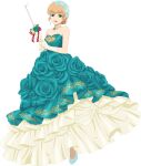  1girl aqua_dress aqua_flower aqua_rose artist_request bare_shoulders blonde_hair blue_flower blue_shoes breasts collarbone dress dress_flower floral_print flower flower-trimmed_dress full_body game_cg gloves gold_necklace green_eyes head_wreath highres holding jewelry looking_at_viewer medium_breasts natalia_luzu_kimlasca_lanvaldear natalia_luzu_kimlasca_lanvaldear_(wedding) necklace official_alternate_costume official_alternate_hairstyle official_art open_mouth rose rose_print shoes short_hair smile solo standing strapless strapless_dress tales_of_(series) tales_of_asteria tales_of_the_abyss third-party_source transparent_background white_gloves 