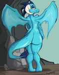  &lt;3 2017 anthro anthrofied big_butt blue_scales butt colored cute digital_media_(artwork) doggomeatball dragon eyebrows female friendship_is_magic horn hot_legs looking_at_viewer membranous_wings my_little_pony nude outside princess_ember_(mlp) red_eyes scales scalie spread_legs spreading wings 