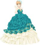  1girl aqua_dress aqua_flower aqua_rose artist_request bare_shoulders blonde_hair blue_flower breasts closed_mouth collarbone dress dress_flower floral_print flower flower-trimmed_dress full_body game_cg gloves green_eyes head_wreath highres jewelry looking_at_viewer medium_breasts natalia_luzu_kimlasca_lanvaldear natalia_luzu_kimlasca_lanvaldear_(wedding) necklace official_alternate_costume official_alternate_hairstyle official_art rose rose_print short_hair smile solo standing strapless strapless_dress tales_of_(series) tales_of_asteria tales_of_the_abyss third-party_source transparent_background waving white_gloves 