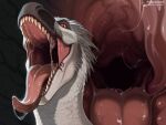 ambiguous_gender bodily_fluids dinosaur dromaeosaurid drooling fangs feathers feral grey_body hi_res hoffersanchez mouth_shot open_mouth pink_mouth prehistoric_species reptile saliva saurischian scales scalie scar snout solo spikes teeth theropod throat tongue tongue_out utahraptor vore white_body yellow_eyes