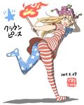  american_flag_dress american_flag_legwear ass blonde_hair character_name clownpiece dated dress fire full_body hat inuno_rakugaki jester_cap long_hair looking_at_viewer neck_ruff no_shoes pantyhose polka_dot short_dress smile solo star star_print striped striped_dress striped_legwear torch touhou white_background 