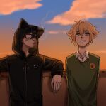  2boys alternate_costume animal_hood antenna_hair arms_behind_back artist_name bandaid bandaid_on_cheek bandaid_on_face basil_(faraway)_(omori) basil_(omori) black_eyes black_hair black_jacket blue_sky blurry blurry_background bruise bruised_eye cat_hood cigarette cloud collared_shirt commentary_request double-parted_bangs green_sweater grey_eyes grin hair_between_eyes heterochromia highres hood hooded_jacket injury jacket krerue long_sleeves looking_at_another mewo multiple_boys omori open_mouth russian_commentary scar scar_on_cheek scar_on_face shirt shirt_under_sweater short_hair sidelocks sky smile smoking spoilers sunny_(omori) sweater teeth white_shirt 