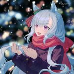  1girl animal_ears artist_name blue_coat blue_hair blunt_bangs blurry blurry_background bokeh braid coat commentary_request crown_braid depth_of_field ear_ornament enpera hanong_06 horse_ears horse_girl long_hair long_sleeves mejiro_ardan_(umamusume) open_mouth outdoors outstretched_hand purple_eyes red_scarf scarf school_uniform smile snowing solo tracen_school_uniform tracen_winter_coat umamusume upper_body 
