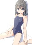  1girl absurdres bare_shoulders blue_eyes blush breasts collarbone competition_school_swimsuit covered_navel dot_nose double-parted_bangs grey_hair hair_between_eyes hand_on_own_leg hand_on_own_thigh highres looking_at_viewer medium_breasts negimiso1989 one-piece_swimsuit original school_swimsuit short_hair sidelocks simple_background sitting smile solo swimsuit wariza white_background 