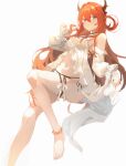  1girl anklet arknights bare_legs bare_shoulders barefoot bikini bikini_under_clothes bloom breasts brown_horns closed_mouth commentary_request criss-cross_halter detached_sleeves double-parted_bangs dress dress_flower flower foot_out_of_frame frilled_dress frilled_sleeves frills front_slit hair_between_eyes hair_rings halterneck hand_up highres holding holding_own_hair horns jewelry knee_up leg_up light_blush light_smile long_dress long_hair looking_at_viewer medium_breasts multiple_thigh_straps navel official_alternate_costume purple_eyes red_hair side-tie_bikini_bottom simple_background single_hair_ring skirt_hold sleeveless sleeveless_dress solo standing standing_on_one_leg stomach surtr_(arknights) surtr_(colorful_wonderland)_(arknights) sway_back swimsuit thigh_bow thigh_strap white_background white_dress white_sleeves zhuozhuozhuo 