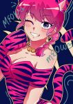  1girl animal_ears animal_hands animal_print blue_eyes breasts dark_background english_commentary english_text eyeshadow garnel_(letsgotomato11) makeup one_eye_closed pink_eyeshadow pink_fur pink_hair ranma-chan ranma_1/2 solo striped_fur striped_hair striped_tail tail tiger_ears tiger_girl tiger_paws tiger_print tiger_stripes tiger_tail 