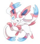 ambiguous_gender blue_eyes blue_inner_ear bow_ribbon eeveelution feet feral generation_6_pokemon hi_res leg_markings markings multicolored_bow multicolored_ears multicolored_ribbon nintendo one_eye_closed pink_ears pink_feet pink_tail pokemon pokemon_(species) rawr simple_background sitting socks_(marking) solo sylveon tail white_background white_body wink yakiniku628