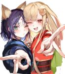 2girls animal_ears black_choker blonde_hair blue_hair blue_kimono cheek-to-cheek cho_kaguya-hime! choker closed_mouth colored_inner_hair commentary_request crescent crescent_hair_ornament fox_ears fox_girl green_eyes hair_ornament heads_together interlocked_fingers japanese_clothes kaguya_(cho_kaguya-hime!) kimono long_hair multicolored_hair multiple_girls one_eye_closed open_mouth red_eyes red_kimono sakayori_iroha short_hair teeth upper_teeth_only v xue_lian_wa_noel 
