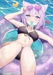  1girl ahoge animal_ear_fluff animal_ears bare_arms bikini black_bikini blush breasts cat_ears cat_girl cleavage collarbone commentary_request eyewear_on_head feet_out_of_frame fingernails food food_in_mouth hair_between_eyes hashtag-only_commentary heart heart-shaped_eyewear highres hololive innertube medium_breasts nail_polish navel nekomata_okayu open_mouth popsicle popsicle_in_mouth purple_eyes purple_hair purple_nails rubber_duck short_hair solo stomach swim_ring swimsuit water yamato1001_1214 