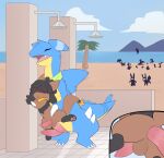 2_penises absurd_res anal anthro beach beach_shower blush bodily_fluids carrying_another carrying_partner diphallism duo feral gabite generation_4_pokemon genital_fluids genitals hi_res leaking_precum male male/male multi_genitalia multi_penis nintendo penis pokemon pokemon_(species) porldraws precum public public_sex riolu scarf sex silhouette size_difference