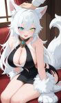  1girl ai-assisted ai-generated animal_ears breasts cleavage curvy dragon_traveler fenrir_(dragon_traveler) full_body headpat heterochromia highres large_breasts non-web_source plump smile tail white_hair wolf_ears wolf_girl wolf_tail 