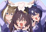  3girls absurdres animal_ears blue_eyes blue_hair blush bow bowtie breasts brown_hair cheval_grand_(umamusume) closed_eyes commentary_request ear_covers fang hair_between_eyes heart heart_arms heart_arms_trio highres horse_ears horse_girl long_hair looking_at_viewer medium_breasts multicolored_hair multiple_girls open_mouth pandoa_(mikage0495) purple_sailor_collar purple_shirt sailor_collar sailor_shirt school_uniform shirt single_ear_cover skin_fang smile streaked_hair sweatdrop tracen_school_uniform twintails umamusume v_sisters verxina_(umamusume) vivlos_(umamusume) white_bow white_bowtie 