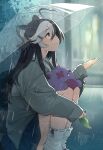  1girl absurdres ahoge animal_ears black_hair blue_skirt blush bush commentary_request gamer_supps grey_jacket grey_shirt hair_between_eyes highres indie_virtual_youtuber jacket leaf long_hair looking_up momote momote_(vtuber) multicolored_hair purple_eyes rain shirt skirt skunk_ears skunk_girl transparent transparent_umbrella two-tone_hair umbrella virtual_youtuber watermark white_hair 