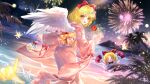  1girl absurdres aerial_fireworks alternate_costume angel_wings bag bagged_fish blush bow candy_apple character_doll chinese_commentary commentary_request doll feathered_wings fireworks fish floral_print food fumo_(doll) gengetsu_(touhou) hair_bow highres holding holding_candy_apple holding_food japanese_clothes kimono lace-trimmed_sleeves lace_trim long_sleeves looking_at_viewer looking_back night ocean open_mouth origami paper_crane paranoia495514 pink_kimono print_kimono red_bow smile solo touhou touhou_(pc-98) white_wings wide_sleeves wings 