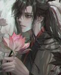  1boy absurdres artist_name bishounen black_hair black_hanfu chinese_clothes coat eyelashes flower grey_coat grey_eyes gxnt4 hair_down hair_over_one_eye hair_ribbon half_updo hanfu hashtag-only_commentary highres holding holding_flower leaf long_hair long_sleeves lotus male_focus modao_zushi official_alternate_costume official_alternate_hairstyle parted_lips pink_flower ponytail red_ribbon ribbon robe sidelocks smile solo upper_body wei_wuxian wei_wuxian_(yiling_laozu) 