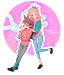  2girls animification antenna_hair artist_name black_shoes blue_eyes blue_pants blush bow bow_hairband breasts brown_hair cigar circle commentary couple cropped_jacket dated_commentary denim drawstring eddsworld fewer_digits flipped_hair full_body green_jacket grey_pants gyuuum_planet99 hair_ears hairband heart height_difference highres holding holding_cigar hood hood_down hoodie jacket jeans lapels leaning long_hair long_sleeves matilda_(eddsworld) multiple_girls open_clothes open_jacket orange_hair outline pants plain_epaulettes purple_bow purple_hairband purple_hoodie red_eyes red_hoodie shoes smile smoke smoking standing standing_on_one_leg swept_bangs tori_(eddsworld) untranslatable_commentary white_background yuri 