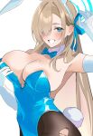  1girl animal_ears aqua_leotard asuna_(blue_archive) asuna_(bunny)_(blue_archive) asymmetrical_bangs black_pantyhose blonde_hair blue_archive blue_eyes blue_leotard bow bowtie breasts cowboy_shot detached_collar fake_animal_ears gloves hair_over_one_eye halo highres large_breasts leotard long_hair looking_at_viewer mole mole_on_breast nakano_kura official_alternate_costume pantyhose playboy_bunny rabbit_ears smile strapless strapless_leotard thighband_pantyhose traditional_bowtie white_gloves 