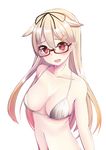  :d arms_at_sides bad_id bad_pixiv_id bare_arms bare_shoulders bespectacled bikini bikini_top black_ribbon blonde_hair blush breasts cleavage collarbone commentary_request glasses gradient_hair hair_between_eyes hair_flaps hair_ribbon kantai_collection long_hair looking_at_viewer medium_breasts multicolored_hair navel nekobaka open_mouth orange_hair raised_eyebrows red_eyes remodel_(kantai_collection) ribbon smile solo stomach straight_hair string_bikini swimsuit upper_body very_long_hair white_bikini yuudachi_(kantai_collection) 