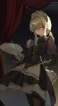  1girl absurdres arm_behind_back black_dress black_ribbon blonde_hair breasts buttons cross-laced_clothes cross-laced_dress double-breasted dress expressionless frilled_dress frills girls'_frontline girls'_frontline_2:_exilium green_eyes hair_between_eyes hair_ornament hair_ribbon hairclip hand_up highres holding holding_tray humugo light_frown looking_at_viewer maid_headdress medium_breasts medium_hair ponytail ribbon sextans_(girls'_frontline_2) solo standing thighhighs tray 