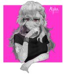  1girl alpha_(alpha_1918) bandaid bandaid_on_arm bandaid_on_cheek bandaid_on_face bandaid_on_hand black_choker black_shirt casual character_name choker double-headed_eagle fluffy_hair gauze_on_arm hair_ornament long_hair looking_at_viewer nlitz non-web_source original red_eyes shirt simple_background solo spot_color upper_body very_long_hair wristband 