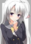  1230_mochi 1girl absurdres ahoge ayachi_nene blush border bow bowtie buttons clenched_hand closed_mouth commentary_request cup disposable_cup double-breasted eyes_visible_through_hair grey_border grey_hair grey_sailor_collar hair_between_eyes hair_over_shoulder hand_up heart highres light_smile long_hair long_sleeves looking_at_viewer outline outside_border purple_eyes sailor_collar sanoba_witch school_uniform serafuku shy sidelocks simple_background solo split_mouth straight_hair upper_body upturned_eyes very_long_hair white_background white_outline yellow_bow yellow_bowtie 