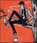  1boy arsene_lupin_iii black_eyes black_hair black_pants black_shirt branch closed_mouth commentary crimetimesteadicam english_commentary eyepatch full_body hands_in_pockets jacket long_sleeves lupin_iii male_focus medium_sideburns necktie one_eye_covered open_clothes open_jacket pants red_background shirt short_hair sideburns simple_background sitting sitting_on_branch skull_print smoke smoking solo tie_clip white_necktie 