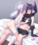  2girls animal_ears bandages black_claws black_hair blue_archive blush breasts cat_ears cat_girl colored_inner_animal_ears colored_inner_hair comaya egg_vibrator extra_ears fake_claws fur-trimmed_gloves fur_scarf fur_sleeves fur_trim gloves grabbing_another's_breast groping halloween_costume halo highres kazusa_(blue_archive) kazusa_(halloween)_(blue_archive) large_breasts looking_at_another low_twintails multicolored_hair multiple_girls mummy_costume naked_bandage on_bed pink_hair pink_halo pussy reisa_(blue_archive) sex_toy skirt small_breasts star_halo straddling sweat thigh_straddling torn_clothes torn_skirt twintails two-tone_hair vibrator werewolf_costume yuri 