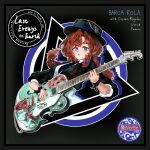  1girl :o absurdres alternate_costume barcarola_(reverse:1999) black_background black_border black_hat black_jacket black_necktie blue_eyes boater_hat border braid character_name chksangyo circle commentary_request copyright_name electric_guitar english_text guitar hat highres holding holding_guitar holding_instrument holding_plectrum instrument jacket long_hair looking_at_viewer low_twin_braids mole mole_under_eye music necktie playing_guitar playing_instrument plectrum red_hair reverse:1999 shirt solo triangle twin_braids upper_body white_shirt 