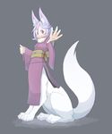  1girl 4139 :3 animal_ears centauroid female fox_ears full_body grey_background japanese_clothes lavender_hair monster_girl obi original outstretched_hand red_eyes simple_background solo 