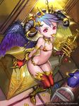  armlet armor asymmetrical_wings bikini_armor bird blue_hair boots claw_(weapon) coin demon_girl feathered_wings from_above full_body gold highres horns jewelry kim_jin_sung mole mole_under_eye mouth_hold necklace original pearl_necklace pointy_ears short_hair sitting solo sparkle succubus thigh_gap thighhighs tiara treasure treasure_chest weapon wings 