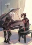  2girls android ariane_yeong black_boots black_hair blue_eyes boots commentary elster_(signalis) english_commentary full_body grand_piano highres indoors instrument leaning_on_object metal_skin multiple_girls open_mouth piano short_hair signalis sitting smile standing yuulinshi 