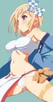  9law bare_shoulders blonde_hair breasts closed_mouth djeeta_(granblue_fantasy) drum_master_(granblue_fantasy) fundoshi granblue_fantasy green_background hachimaki headband japanese_clothes looking_away medium_breasts navel nejiri_hachimaki purple_eyes sarashi short_hair simple_background solo 