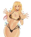  1girl barbell_piercing bikini black_bikini black_choker blonde_hair blush bracelet breasts choker circle cleavage ear_piercing earrings emily_botta eyes_visible_through_hair fake_nails floral_print grin gyaru halterneck hands_up heart highres industrial_piercing jewelry kitagawa_marin large_breasts lipstick looking_at_viewer makeup nail_polish navel necklace piercing pink_nails print_bikini red_eyes ring side-tie_bikini_bottom smile solo sono_bisque_doll_wa_koi_wo_suru stomach string_bikini swimsuit thighs v white_background 