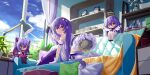  3girls absurdres all_fours angel angel_wings ass bed blue_sky chinese_commentary clothes_hanger commentary_request corderoy demon_girl demon_horns dress gloves grey_shorts halo highres honkai_(series) honkai_gakuen horns indoors lamp long_hair looking_at_viewer multiple_girls on_bed partial_commentary plant potted_plant purple_eyes shorts shorts_under_dress sirin sky very_long_hair white_dress white_gloves white_wings window wings yellow_eyes 