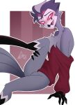 adel1na_art anthro avian beak bird blush bottomless butt clothed clothing demon digital_media_(artwork) feathers fur grey_body hair half_naked heart_eyes heart_symbol hellaverse helluva_boss hi_res looking_at_viewer male open_mouth oversized_clothing oversized_topwear owl owl_demon raised_leg red_eyes shirt shirt_only signature simple_background smile solo stolas_(helluva_boss) suggestive tail tongue topwear topwear_only white_eyes