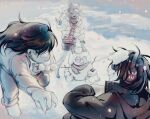  1boy 1girl amamoma animal_ears antlers boots character_snowman closed_eyes coat commentary deer_ears deltarune earmuffs english_commentary furry furry_female grin holding holding_snowball hood hood_down hooded_coat horns kris_(deltarune) leggings limited_palette long_hair long_sleeves looking_at_another noelle_holiday open_clothes open_coat open_mouth pants rabbick_(deltarune) ralsei reindeer_antlers reindeer_girl sharp_teeth short_hair skirt smile snow snowball snowball_fight snowing snowman susie_(deltarune) sweater_vest teeth utdr_(toby_fox) 