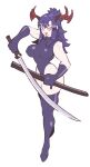 1girl antlers borrowed_character commentary commission elbow_gloves english_commentary full_body gloves hand_up highres holding holding_sheath holding_sword holding_weapon horns inkerton-kun jackalope_girl katana leotard long_hair looking_at_viewer lumina_(geemailbox) open_mouth original purple_gloves purple_hair purple_leotard purple_thighhighs red_horns scabbard second-party_source sheath smile solo standing sword thighhighs unsheathed weapon 