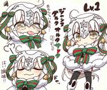  ahoge bell black_legwear bow closed_eyes eyebrows_visible_through_hair fate/apocrypha fate/grand_order fate_(series) green_bow green_ribbon jako_(jakoo21) jeanne_d'arc_(fate)_(all) jeanne_d'arc_alter_santa_lily looking_at_viewer ribbon short_hair smile text_focus thighhighs translation_request white_hair yellow_eyes 