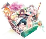  aokikoma ass black_hair blonde_hair blue_eyes blush brown_eyes bucket cherry_blossoms drooling fish goldfish green_eyes hair_over_one_eye highres katsuki_yuuri lamppost male_focus multiple_boys nude one_eye_closed onsen open_mouth pointing silver_hair smile tanuki tokkuri towel towel_on_head tray tree viktor_nikiforov yuri!!!_on_ice yuri_plisetsky 