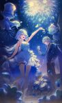  1boy 1girl absurdres aerial_fireworks ahoge alternate_costume arm_up bare_shoulders black_pants blue_eyes blue_jacket blue_pupils breasts collarbone commentary cup dress drinking_glass drop-shaped_pupils english_commentary fireworks frilled_wrist_cuffs frills from_side full_body furina_(genshin_impact) genshin_impact gentilhomme_usher gloves hair_between_eyes hand_in_pocket hand_up heterochromia high_heels highres isobe47 jacket long_hair long_sleeves mademoiselle_crabaletta medium_breasts neuvillette_(genshin_impact) neuvillette_(melusent_gift)_(genshin_impact) night official_alternate_costume open_mouth outdoors pants sleeveless sleeveless_dress spaghetti_strap standing standing_on_one_leg surintendante_chevalmarin symbol-shaped_pupils teeth thigh_strap upper_teeth_only very_long_hair white_dress white_gloves white_hair white_wrist_cuffs wine_glass wrist_cuffs 