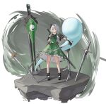  1girl absurdres armor black_bow black_bowtie black_hairband black_ribbon black_shoes bow bowtie broken broken_sword broken_weapon buttons chinese_commentary closed_mouth collared_shirt commentary_request dual_wielding frilled_skirt frills full_body glint green_eyes green_skirt green_vest grey_hair hair_ribbon hairband highres hitodama_print holding holding_sword holding_weapon katana konpaku_youmu konpaku_youmu_(ghost) looking_at_viewer making-of_available multiple_swords multiple_weapons planted planted_sword puffy_short_sleeves puffy_sleeves ribbon science_fiction shirt shoes short_hair short_sleeves shoulder_armor skirt solo standing sword touhou valkyrie_of_phantasm vambraces vest weapon white_shirt xiaoxijino 