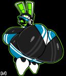 2026 absurd_res anthro big_breasts big_butt black_background black_body blue_clothing blue_hat blue_headwear blue_leotard blush breasts butt clothing colored digital_media_(artwork) electronics empty_eyes female footwear ghostfuckrr green_blush green_eyes green_inner_ear green_mouth green_outline hat headgear headphones headset headwear hi_res huge_breasts huge_butt huge_thighs hyper hyper_breasts hyper_butt lagomorph leotard leporid looking_at_viewer looking_back looking_back_at_viewer machine mammal open_mouth open_smile outline project_turboblast rabbit rear_view robot robot_anthro shoes signature simple_background smile smiling_at_viewer solo tempo_(project_turboblast) thick_thighs tight_clothing white_clothing white_ears white_footwear white_headset white_shoes