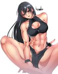  abs artist_name bare_shoulders barefoot black_hair bowalia breasts cleavage_cutout commentary feet_together fingerless_gloves gloves hand_on_hip huge_breasts long_hair looking_at_viewer midriff muscle muscular_female navel original parted_lips purple_eyes short_shorts shorts sitting sleeveless sleeveless_turtleneck solo spread_legs turtleneck unzipped white_background 