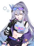  1girl absurdres air_bubble bare_shoulders black_bra black_jacket black_shorts bra bubble commentary_request crop_top cropped_jacket drill_hair eyewear_on_head goggles goggles_on_head grey_eyes grey_hair highres honkai:_star_rail honkai_(series) jacket kyura_ru long_hair navel open_mouth ponytail shorts silver_wolf_(elation)_(honkai:_star_rail) silver_wolf_(honkai:_star_rail) solo sports_bra squeans tearing_up underwear yawning 