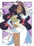  1girl asymmetrical_clothes asymmetrical_pants black_hair breasts brown-tinted_eyewear caraway_(pokemon) clothing_cutout coattails colored_inner_hair commentary_request dark-skinned_female dark_skin eyewear_on_head gloves highres kanbei_(pixiv11037490) long_hair long_sleeves looking_at_viewer medium_breasts midriff multicolored_hair navel navel_cutout open_mouth pants pokemon pokemon_champions red_eyes shirt single_pantsleg smile sunglasses tailcoat tinted_eyewear two-tone_hair white-framed_eyewear white_gloves white_pants white_shirt zoom_layer 