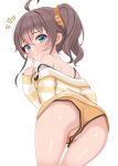  1girl :q ass bare_shoulders blue_eyes blush breasts brown_hair camisole good_ass_day hair_ornament hair_scrunchie hashtag-only_commentary highres hololive jacket looking_at_viewer looking_back mitsuboshi_nuko natsuiro_matsuri natsuiro_matsuri_(matsuri's_day_off) no_panties official_alternate_costume partially_visible_vulva ponytail pussy_juice scrunchie shorts simple_background small_breasts smile solo spaghetti_strap strap_slip striped_clothes striped_jacket tongue tongue_out virtual_youtuber yellow_camisole yellow_shorts 