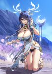  1girl absurdres antler_ornament antlers bare_shoulders black_hair black_panties blue_dress blue_hair blue_sky breasts cleavage cliff colored_inner_hair commentary_request deer_antlers deer_girl dendro_symbol_(genshin_impact) dress genshin_impact green_eyes hair_over_one_eye hand_up highres horns kneeling large_breasts lauma_(genshin_impact) long_hair looking_at_viewer multicolored_hair open_mouth outdoors panties pointy_ears sandals sky solo srwsrx_(gp03dsrx) toes underwear very_long_hair vision_(genshin_impact) 